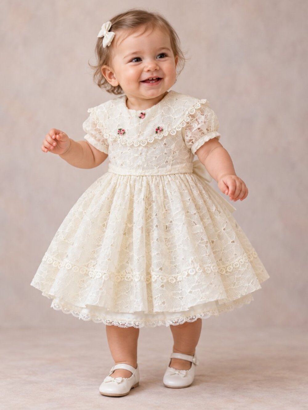 Vintage Baby Girl 2pc Dress Set Cream with Floral Accents Button Closures